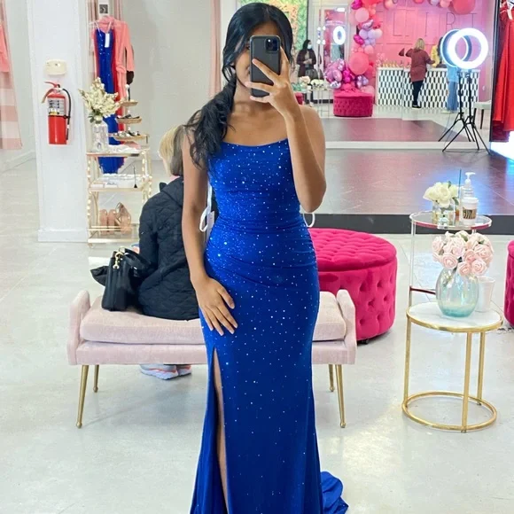 blue fit and flare prom dress Stretch Jersey Fit & Flare Prom Gown with Sheer Bead & Lace Embellished Bodice